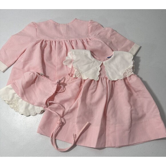 Vtg Fayette Dress Girls 18M Pink Seersucker Square Collar Set 3